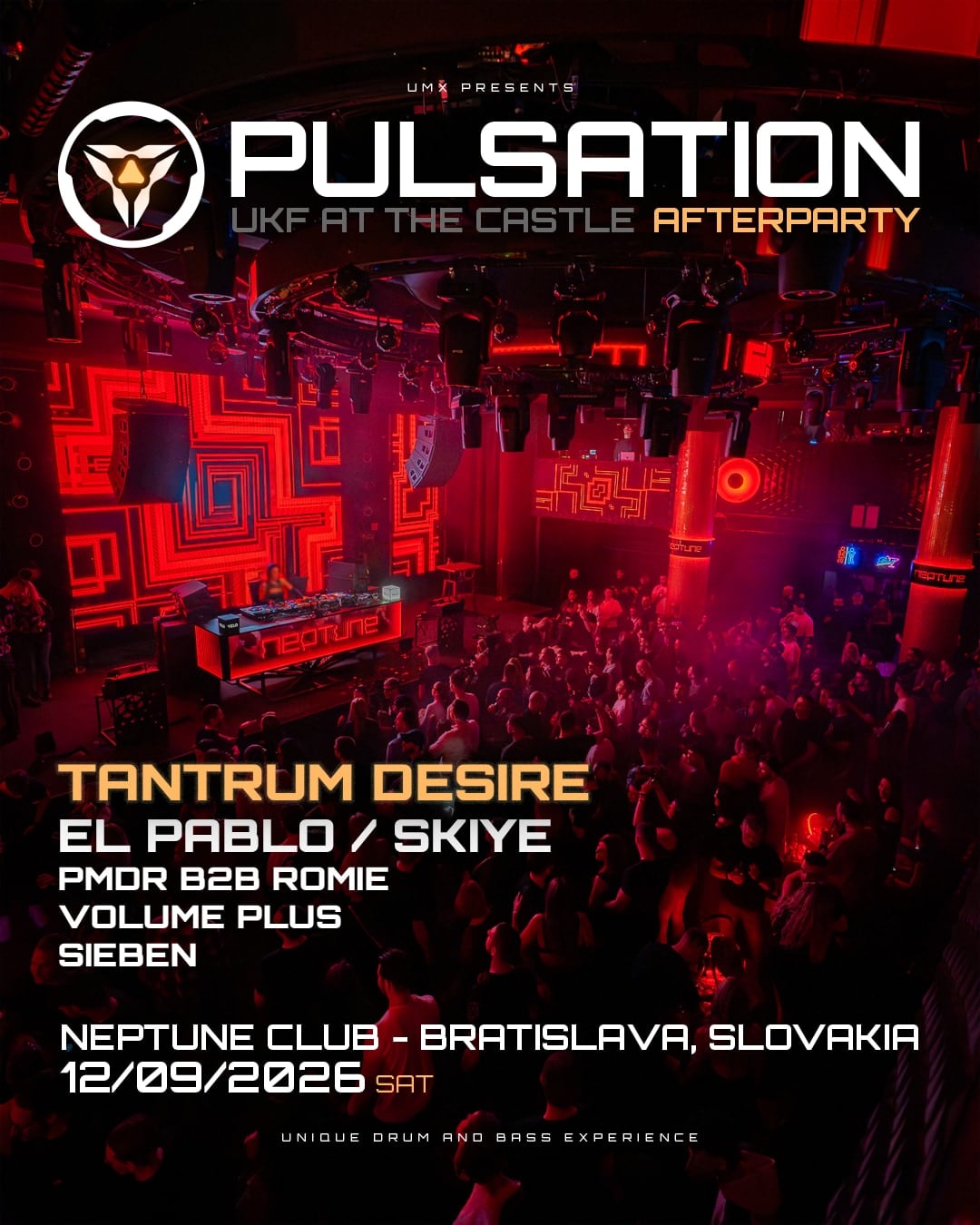 Neptune afterparty flyer — Tantrum Desire, El Pablo / Skiye, PMDR b2b Romie, Volume Plus, Sieben. Neptune Club, Bratislava, 12.09.2026.