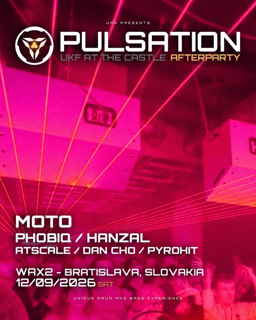WAX2 afterparty flyer — Moto, Phobiq / Hanzal, Atscale / Dan Cho / Pyrohit. WAX2, Bratislava, 12.09.2026.