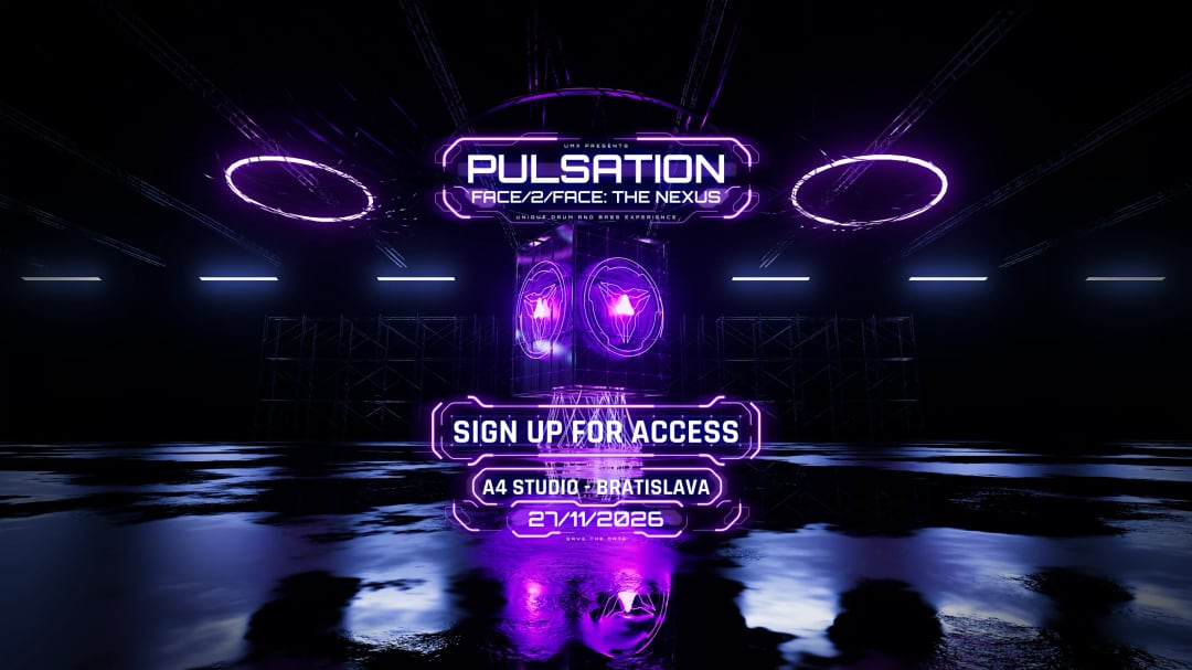 Face/2/Face: The Nexus key art — a dark hall under violet neon, Pulsation, A4 Studio, Bratislava, 27.11.2026. Sign up for access.