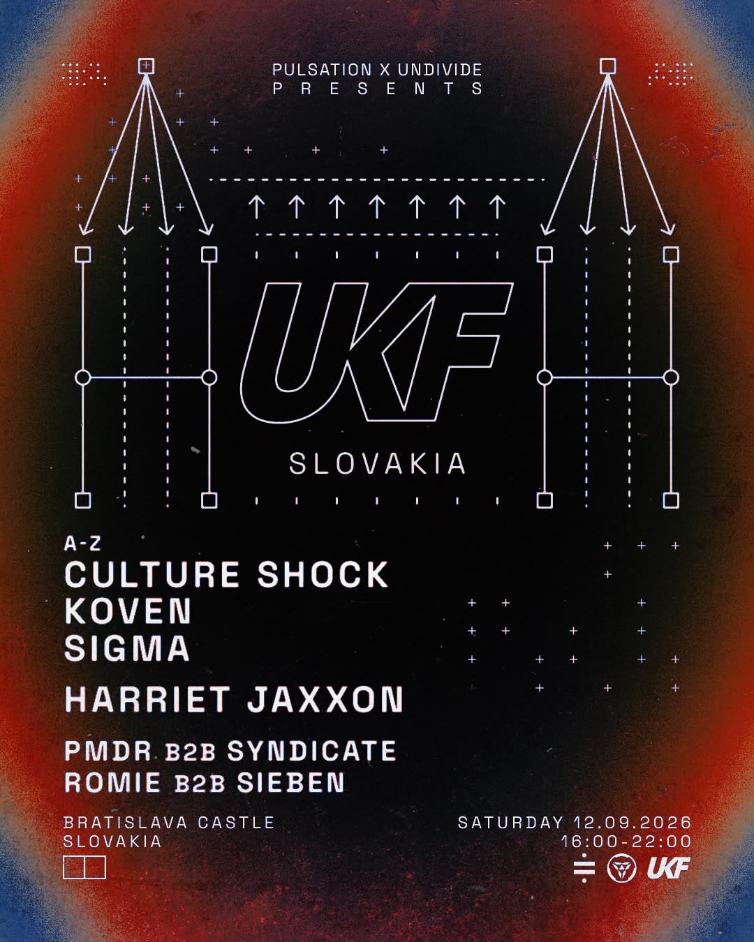 UKF at the Castle poster — Pulsation × Undivide present UKF Slovakia, Bratislava Castle, Saturday 12.09.2026, 16:00–22:00.