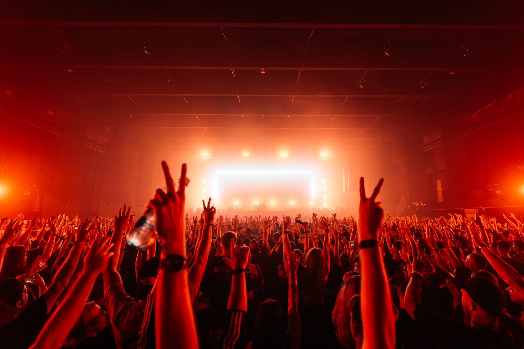 Point of view from inside a packed crowd, raised hands silhouetted against an amber-lit stage.